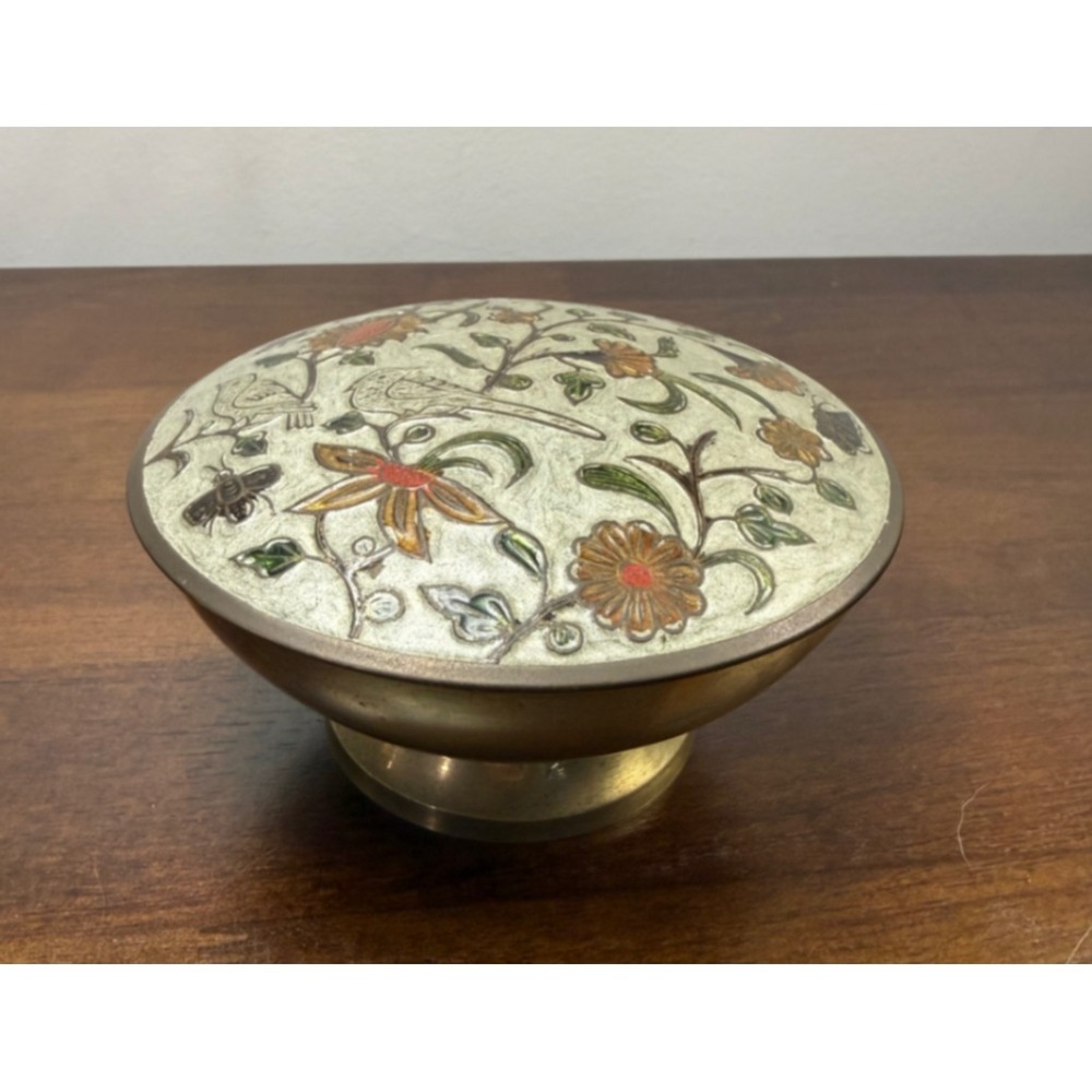 Vintage Brass Pedestal Bowl Cloisonne Enamel Bird Butterfly Floral Lidded Dish